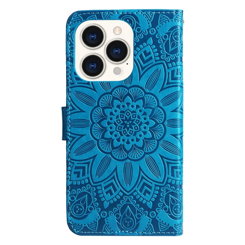 For iPhone 14 Pro 6.1 inch Sunflower Imprinting PU Leather Phone Drop-proof Case Flip Stand Wallet Cover with Strap - Blue