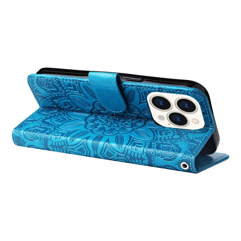 For iPhone 14 Pro 6.1 inch Sunflower Imprinting PU Leather Phone Drop-proof Case Flip Stand Wallet Cover with Strap - Blue