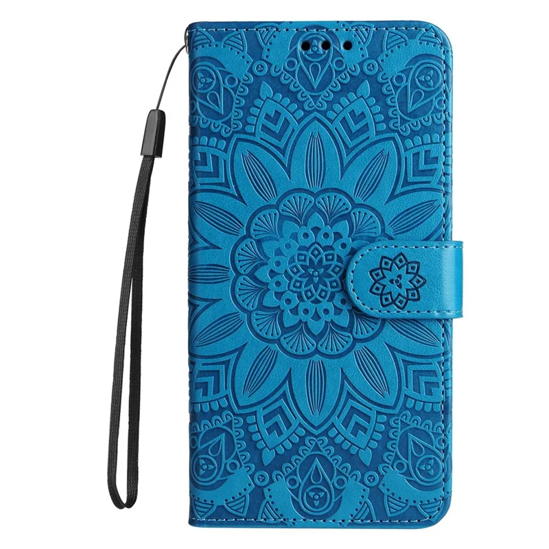 For iPhone 14 Pro 6.1 inch Sunflower Imprinting PU Leather Phone Drop-proof Case Flip Stand Wallet Cover with Strap - Blue