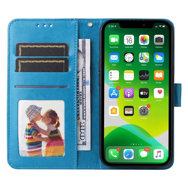 Для Iphone 14 6,1 Дюйма Подсолнечника Импринтинг Flip Stand Case PU - Синий