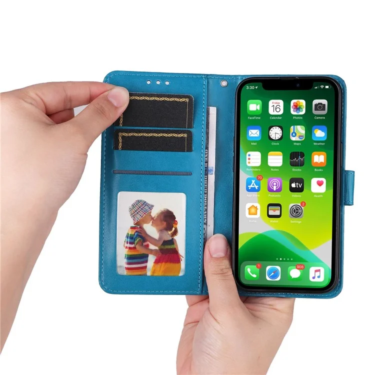 Для Iphone 14 6,1 Дюйма Подсолнечника Импринтинг Flip Stand Case PU - Синий