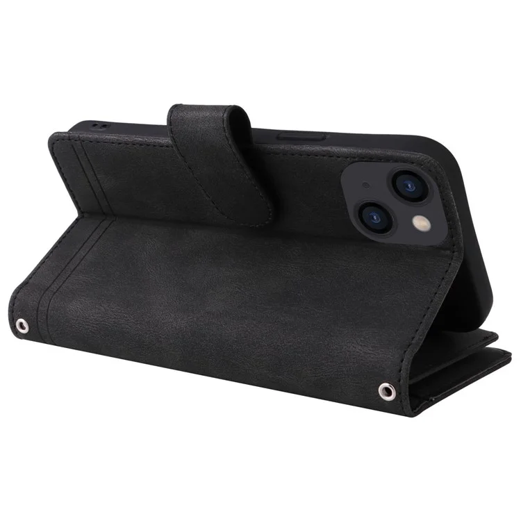 For iPhone 14 Plus Scratch Proof Skin-touch Stripes Imprinted Leather Cover Card Slots Flip Wallet Stand Protective Case with Zipper Pocket - Black