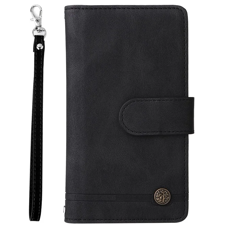 For iPhone 14 Plus Scratch Proof Skin-touch Stripes Imprinted Leather Cover Card Slots Flip Wallet Stand Protective Case with Zipper Pocket - Black