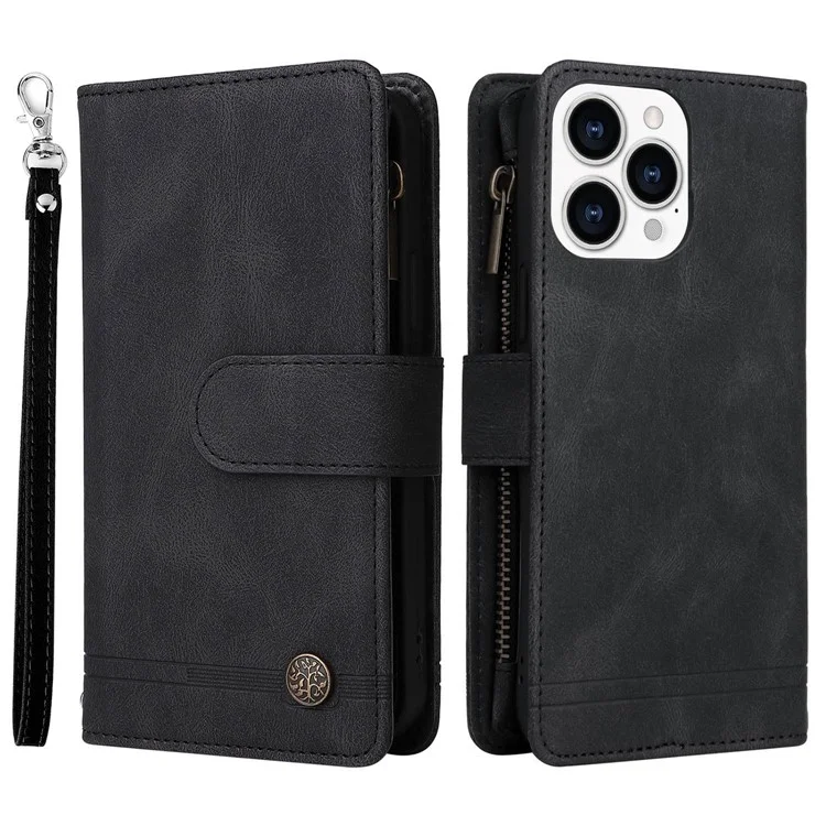 Para Iphone 14 Pro Max 6.7 Pulgadas Patrón de Árbol Rayas de Hardware Imprimido Touch de Cuero Tapa de Cuero Caja Protectora de Bolsillo de Bolsillo - Negro
