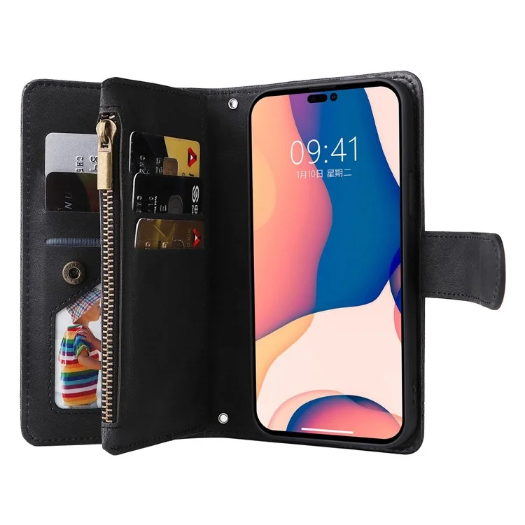Para Iphone 14 Pro Max 6.7 Pulgadas Patrón de Árbol Rayas de Hardware Imprimido Touch de Cuero Tapa de Cuero Caja Protectora de Bolsillo de Bolsillo - Negro