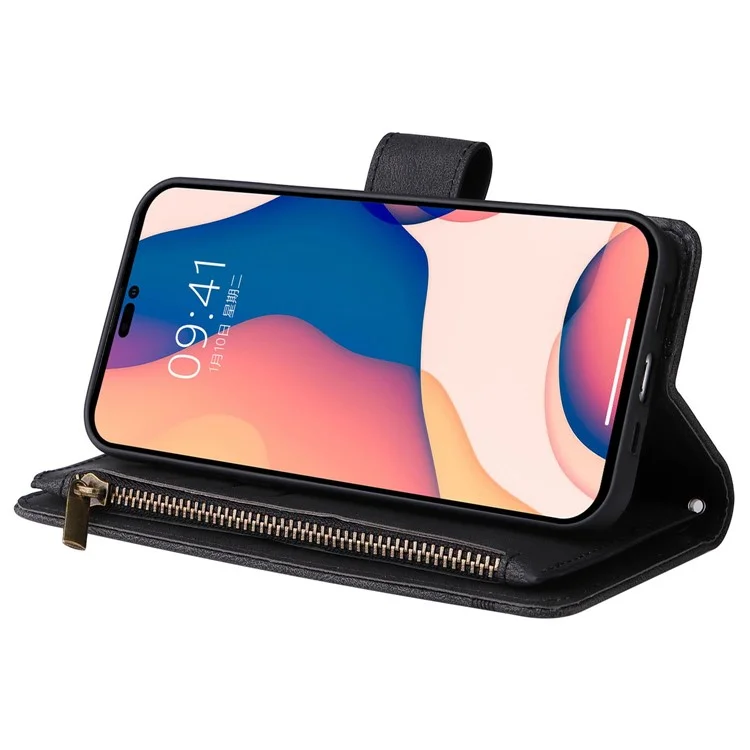 Para Iphone 14 Pro Max 6.7 Pulgadas Patrón de Árbol Rayas de Hardware Imprimido Touch de Cuero Tapa de Cuero Caja Protectora de Bolsillo de Bolsillo - Negro