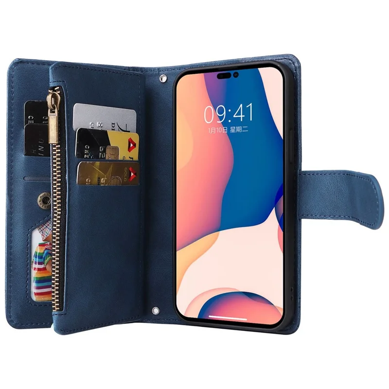 For iPhone 14 Pro Max 6.7 inch Tree Pattern Hardware Stripes Imprinted Skin-touch Wallet Stand Leather Cover Zipper Pocket Protective Case - Blue