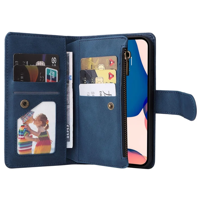For iPhone 14 Pro Max 6.7 inch Tree Pattern Hardware Stripes Imprinted Skin-touch Wallet Stand Leather Cover Zipper Pocket Protective Case - Blue