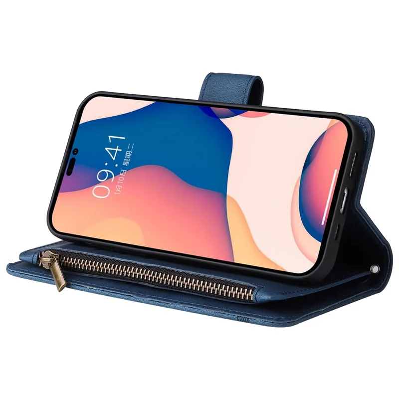 For iPhone 14 Pro Max 6.7 inch Tree Pattern Hardware Stripes Imprinted Skin-touch Wallet Stand Leather Cover Zipper Pocket Protective Case - Blue