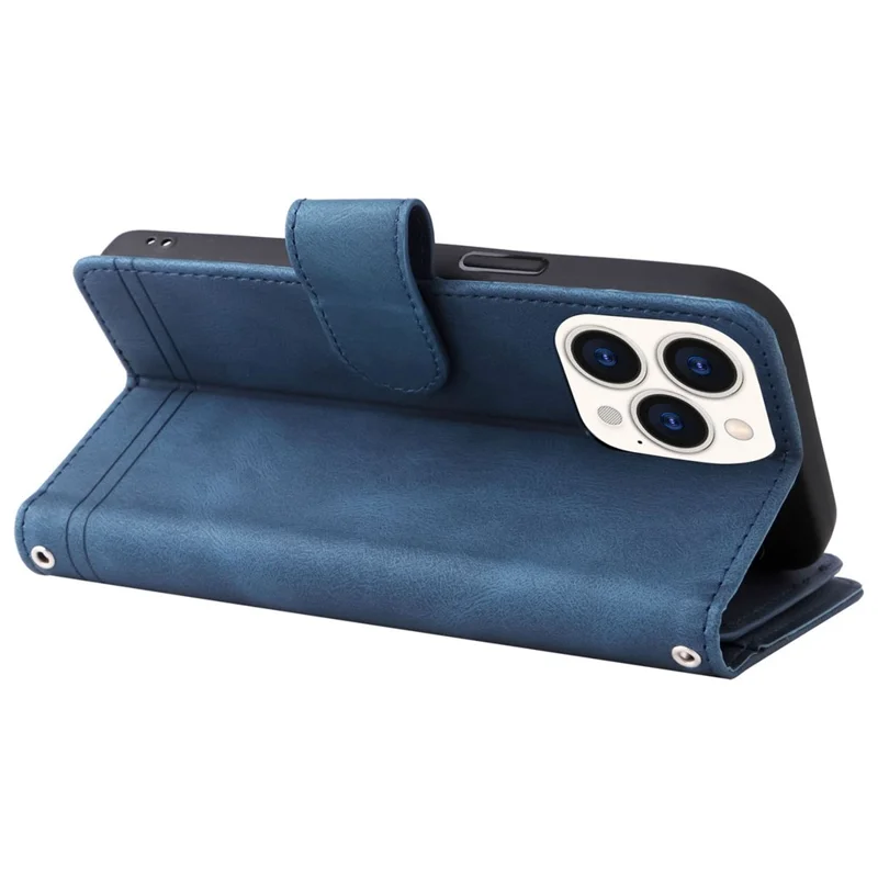 For iPhone 14 Pro Max 6.7 inch Tree Pattern Hardware Stripes Imprinted Skin-touch Wallet Stand Leather Cover Zipper Pocket Protective Case - Blue