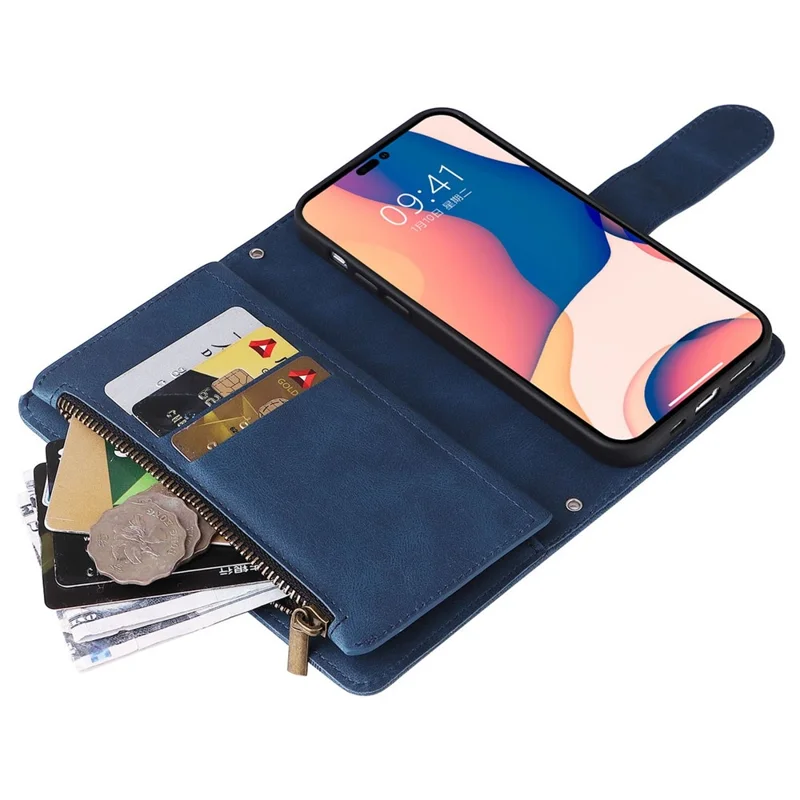 For iPhone 14 Pro Max 6.7 inch Tree Pattern Hardware Stripes Imprinted Skin-touch Wallet Stand Leather Cover Zipper Pocket Protective Case - Blue