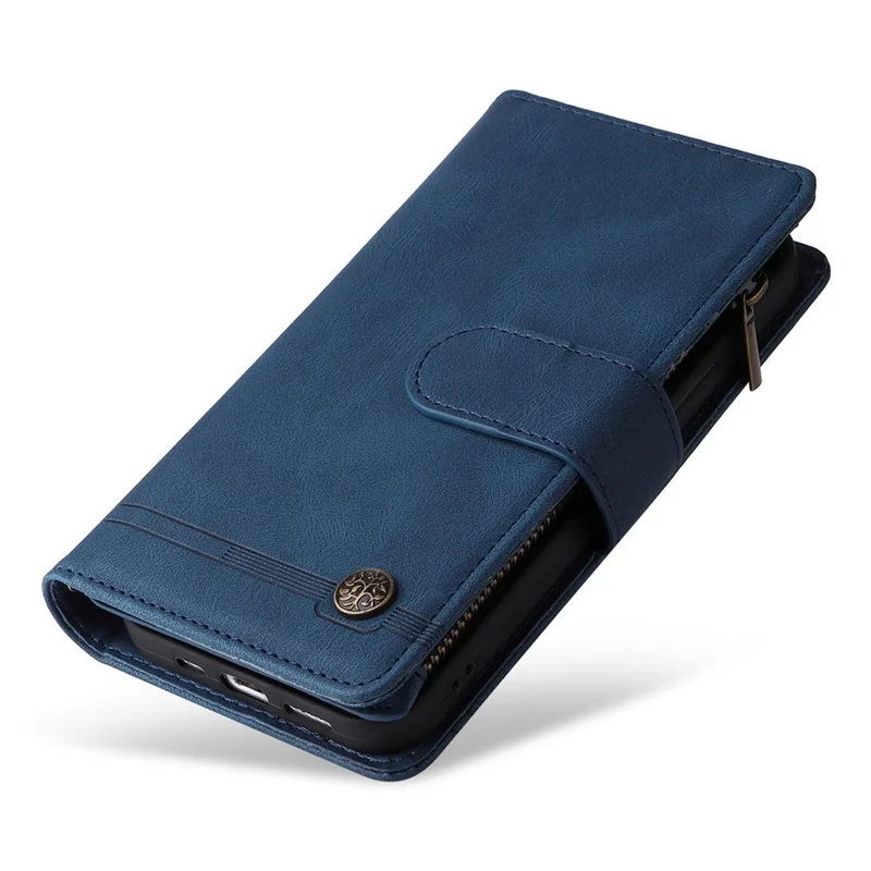 For iPhone 14 Pro Max 6.7 inch Tree Pattern Hardware Stripes Imprinted Skin-touch Wallet Stand Leather Cover Zipper Pocket Protective Case - Blue