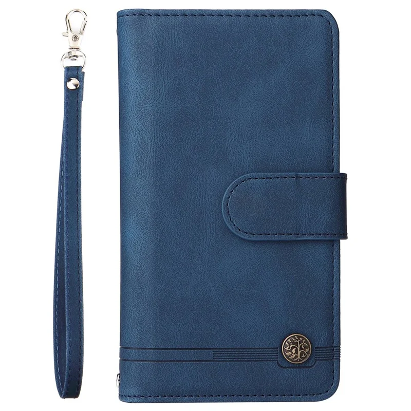 For iPhone 14 Pro Max 6.7 inch Tree Pattern Hardware Stripes Imprinted Skin-touch Wallet Stand Leather Cover Zipper Pocket Protective Case - Blue