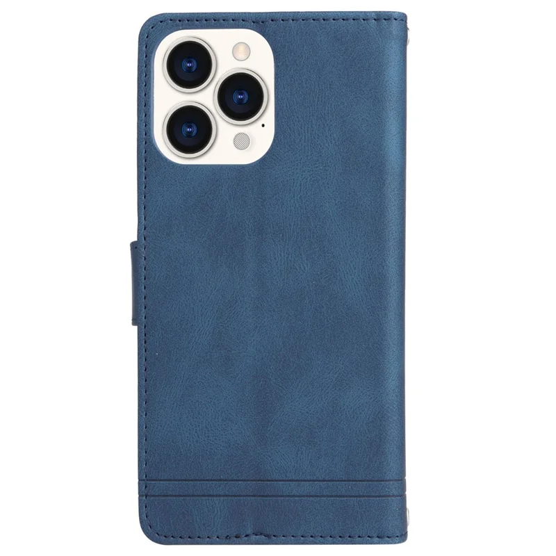 For iPhone 14 Pro Max 6.7 inch Tree Pattern Hardware Stripes Imprinted Skin-touch Wallet Stand Leather Cover Zipper Pocket Protective Case - Blue