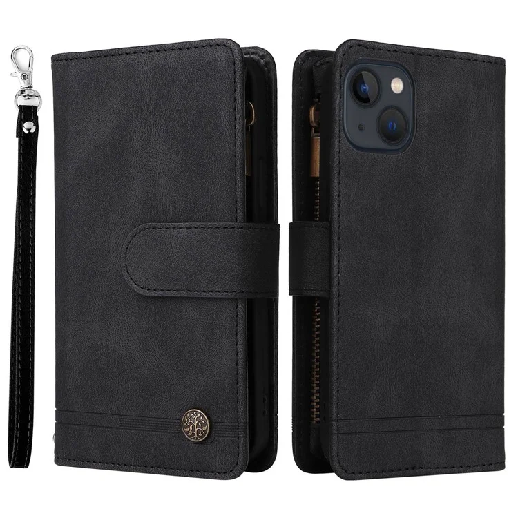 Para Iphone 14 6.1 Pulgadas Drop Strip-touch Rayas de Cuero Imprimida Tarjeta de Tapa de Cuero Ranuras Flip Willet Stand Protective Con Bolsillo Con Cremallera - Negro