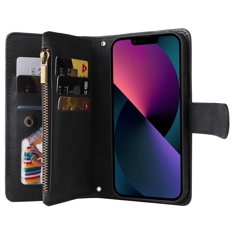 Para Iphone 14 6.1 Pulgadas Drop Strip-touch Rayas de Cuero Imprimida Tarjeta de Tapa de Cuero Ranuras Flip Willet Stand Protective Con Bolsillo Con Cremallera - Negro