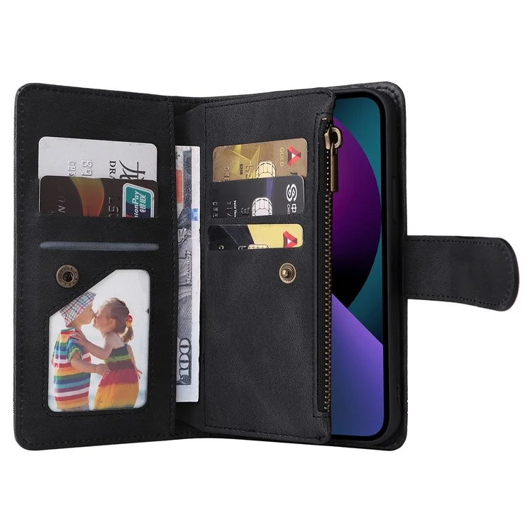 Para Iphone 14 6.1 Pulgadas Drop Strip-touch Rayas de Cuero Imprimida Tarjeta de Tapa de Cuero Ranuras Flip Willet Stand Protective Con Bolsillo Con Cremallera - Negro