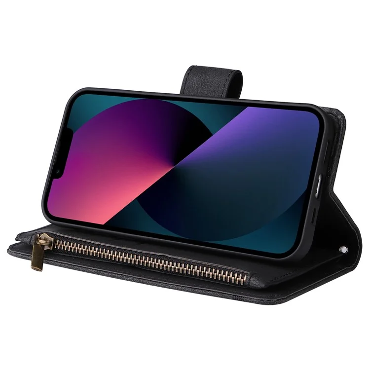 Para Iphone 14 6.1 Pulgadas Drop Strip-touch Rayas de Cuero Imprimida Tarjeta de Tapa de Cuero Ranuras Flip Willet Stand Protective Con Bolsillo Con Cremallera - Negro