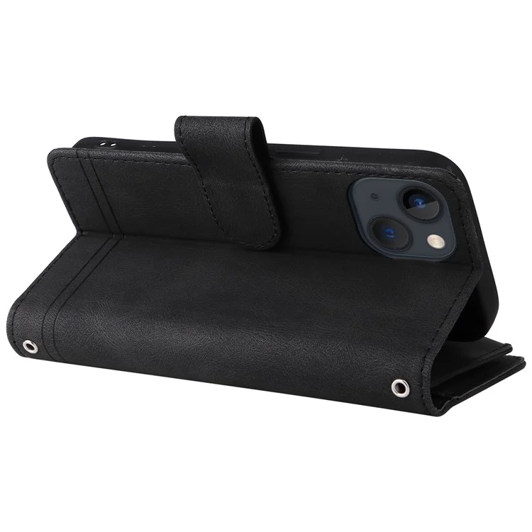 Para Iphone 14 6.1 Pulgadas Drop Strip-touch Rayas de Cuero Imprimida Tarjeta de Tapa de Cuero Ranuras Flip Willet Stand Protective Con Bolsillo Con Cremallera - Negro
