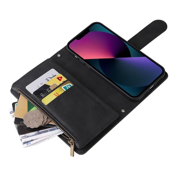 Para Iphone 14 6.1 Pulgadas Drop Strip-touch Rayas de Cuero Imprimida Tarjeta de Tapa de Cuero Ranuras Flip Willet Stand Protective Con Bolsillo Con Cremallera - Negro
