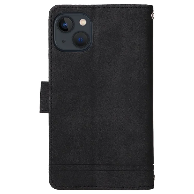 Para Iphone 14 6.1 Pulgadas Drop Strip-touch Rayas de Cuero Imprimida Tarjeta de Tapa de Cuero Ranuras Flip Willet Stand Protective Con Bolsillo Con Cremallera - Negro