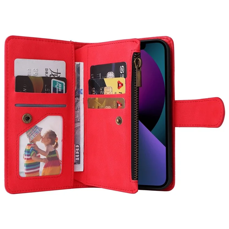 Pour Iphone 14 6,1 Pouces Bripes Résistantes à la Peau Résistante à la Peau en Cuir Imprimé Cartes de Reprise de Cartes à Bascule du Portefeuille Bas de Protection Avec Poche à Fermeture Éclair - Rouge