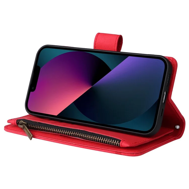 Pour Iphone 14 6,1 Pouces Bripes Résistantes à la Peau Résistante à la Peau en Cuir Imprimé Cartes de Reprise de Cartes à Bascule du Portefeuille Bas de Protection Avec Poche à Fermeture Éclair - Rouge