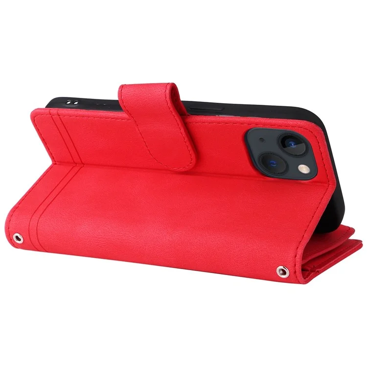 Pour Iphone 14 6,1 Pouces Bripes Résistantes à la Peau Résistante à la Peau en Cuir Imprimé Cartes de Reprise de Cartes à Bascule du Portefeuille Bas de Protection Avec Poche à Fermeture Éclair - Rouge