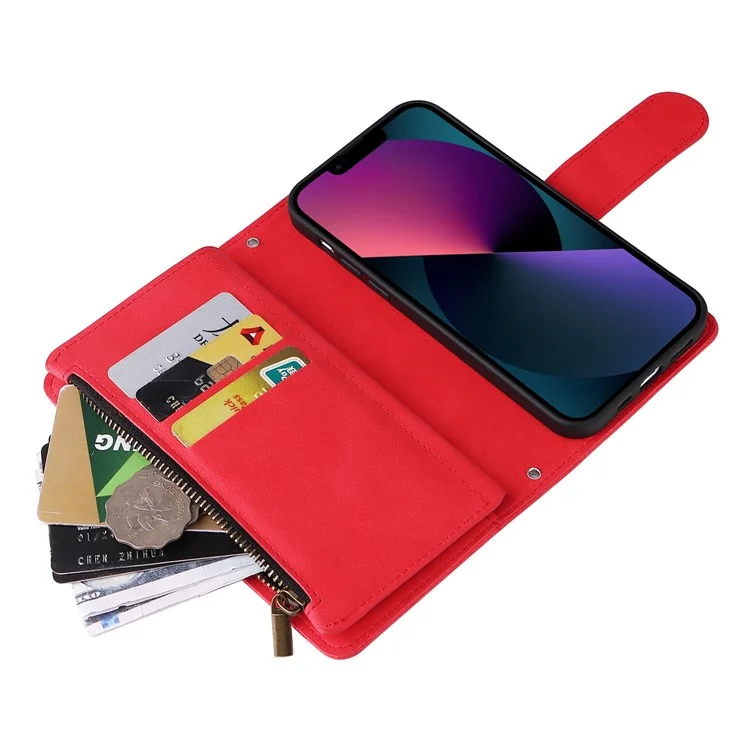Pour Iphone 14 6,1 Pouces Bripes Résistantes à la Peau Résistante à la Peau en Cuir Imprimé Cartes de Reprise de Cartes à Bascule du Portefeuille Bas de Protection Avec Poche à Fermeture Éclair - Rouge