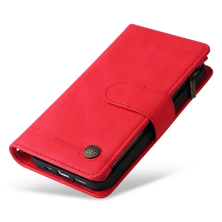 Pour Iphone 14 6,1 Pouces Bripes Résistantes à la Peau Résistante à la Peau en Cuir Imprimé Cartes de Reprise de Cartes à Bascule du Portefeuille Bas de Protection Avec Poche à Fermeture Éclair - Rouge
