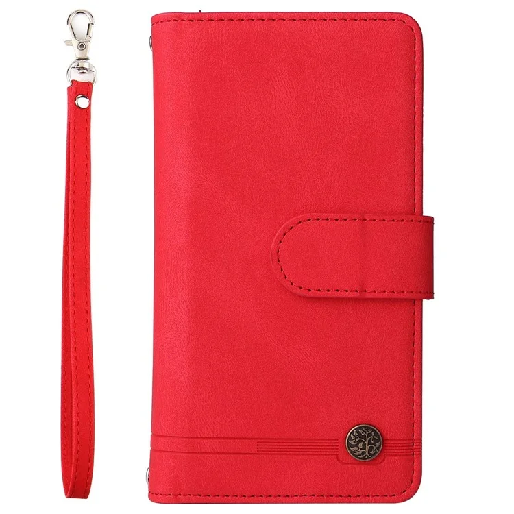 Pour Iphone 14 6,1 Pouces Bripes Résistantes à la Peau Résistante à la Peau en Cuir Imprimé Cartes de Reprise de Cartes à Bascule du Portefeuille Bas de Protection Avec Poche à Fermeture Éclair - Rouge