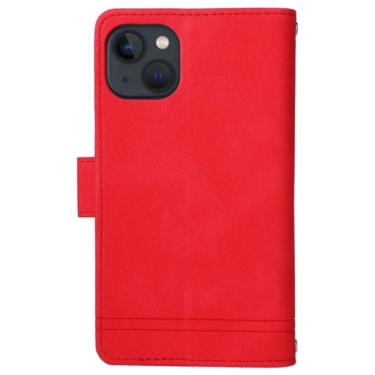 Pour Iphone 14 6,1 Pouces Bripes Résistantes à la Peau Résistante à la Peau en Cuir Imprimé Cartes de Reprise de Cartes à Bascule du Portefeuille Bas de Protection Avec Poche à Fermeture Éclair - Rouge