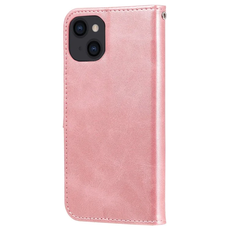 For iPhone 14 6.1 inch Folio Flip Phone Case Outer Zipper Pocket PU Leather Stand Wallet Cover - Rose Gold