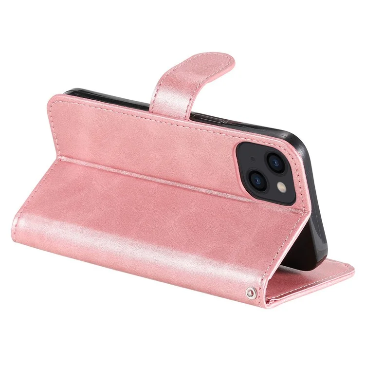 For iPhone 14 6.1 inch Folio Flip Phone Case Outer Zipper Pocket PU Leather Stand Wallet Cover - Rose Gold