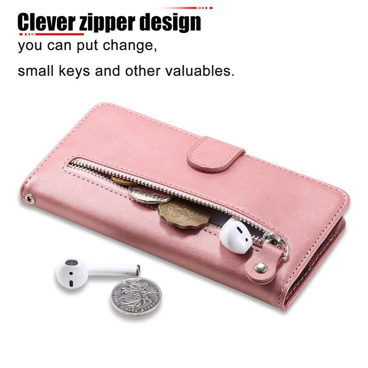 For iPhone 14 6.1 inch Folio Flip Phone Case Outer Zipper Pocket PU Leather Stand Wallet Cover - Rose Gold
