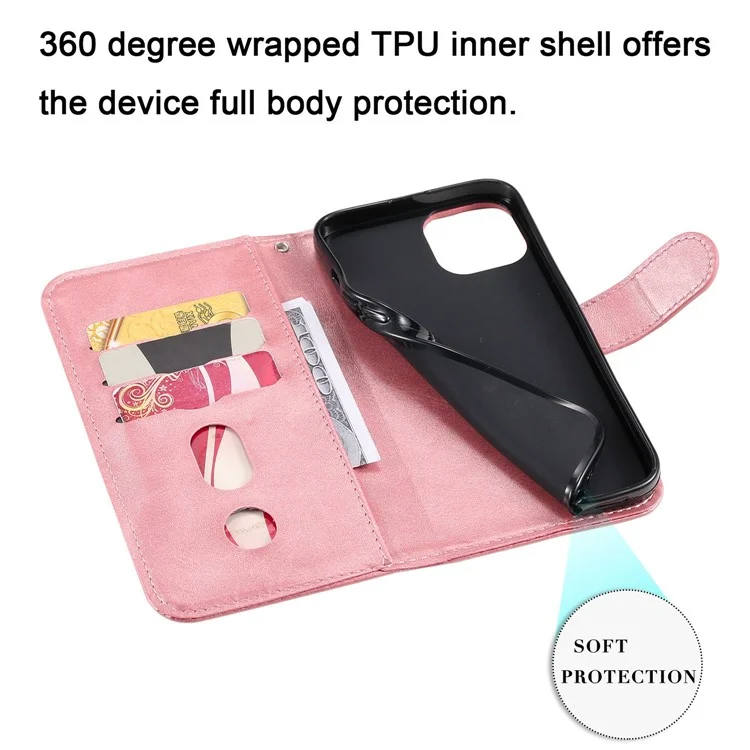 For iPhone 14 6.1 inch Folio Flip Phone Case Outer Zipper Pocket PU Leather Stand Wallet Cover - Rose Gold