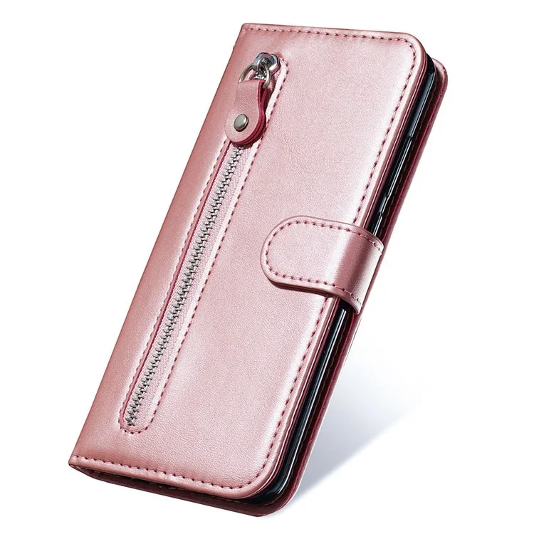 For iPhone 14 6.1 inch Folio Flip Phone Case Outer Zipper Pocket PU Leather Stand Wallet Cover - Rose Gold