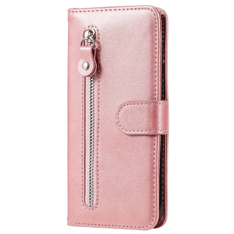 For iPhone 14 6.1 inch Folio Flip Phone Case Outer Zipper Pocket PU Leather Stand Wallet Cover - Rose Gold