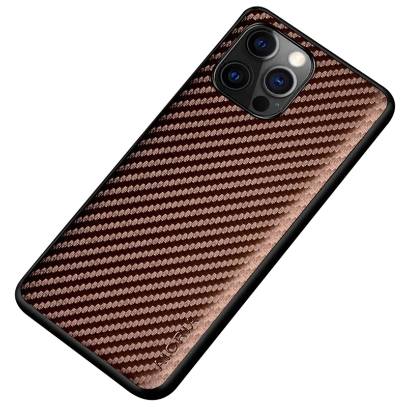 AIORIA for iPhone 14 6.1 inch Carbon Fiber Texture PU Leather Coating Case Hard PC + Soft TPU Bumper Shockproof Protective Phone Cover - Coffee