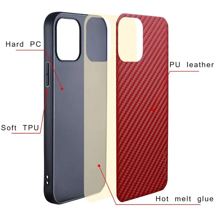 AIORIA for iPhone 14 Plus Anti-drop Carbon Fiber Texture PU Leather Coating Case Hard PC + Soft TPU Bumper Protective Phone Cover - Red
