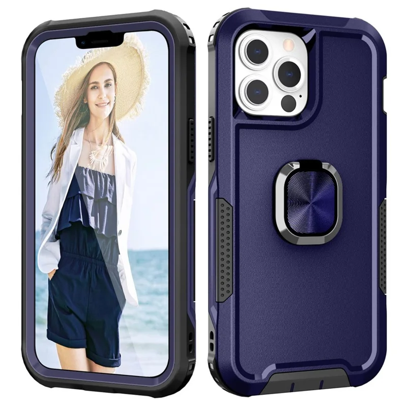 For iPhone 14 6.1 inch Drop-proof Hybrid Phone Case Protective Back Cover with Kickstand - Navy Blue
