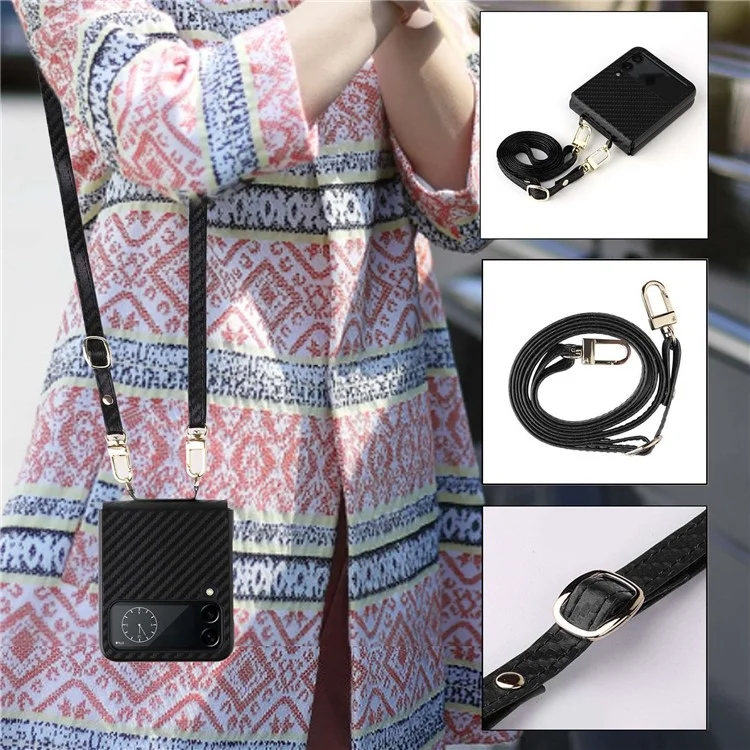 Для Samsung Galaxy Z Flip4 5G Carbon Fiber Texture Leather Coated PC Folding Phone Case with Long Lanyard - Black
