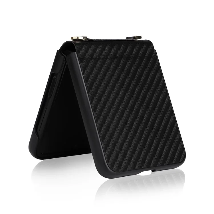 Для Samsung Galaxy Z Flip4 5G Carbon Fiber Texture Leather Coated PC Folding Phone Case with Long Lanyard - Black