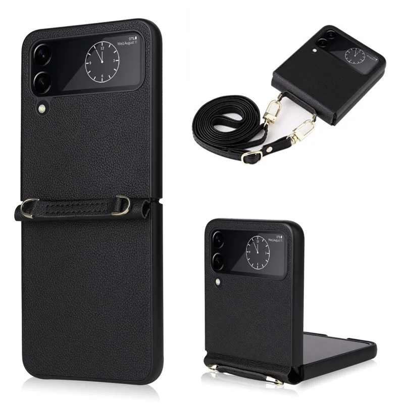 For Samsung Galaxy Z Flip4 5G Textured Leather Coated PC Cover Drop-proof Phone Case with Long Lanyard - Black