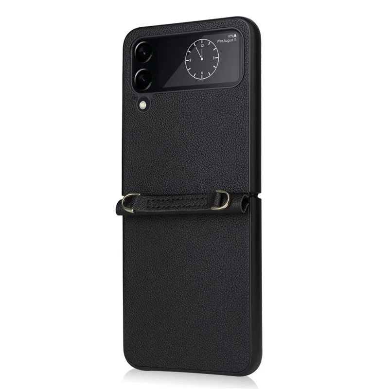 For Samsung Galaxy Z Flip4 5G Textured Leather Coated PC Cover Drop-proof Phone Case with Long Lanyard - Black