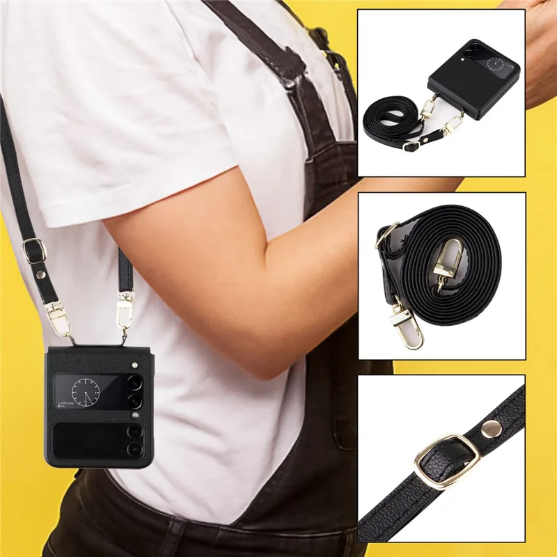 For Samsung Galaxy Z Flip4 5G Textured Leather Coated PC Cover Drop-proof Phone Case with Long Lanyard - Black