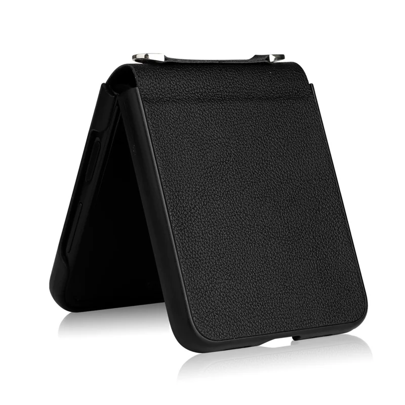For Samsung Galaxy Z Flip4 5G Textured Leather Coated PC Cover Drop-proof Phone Case with Long Lanyard - Black