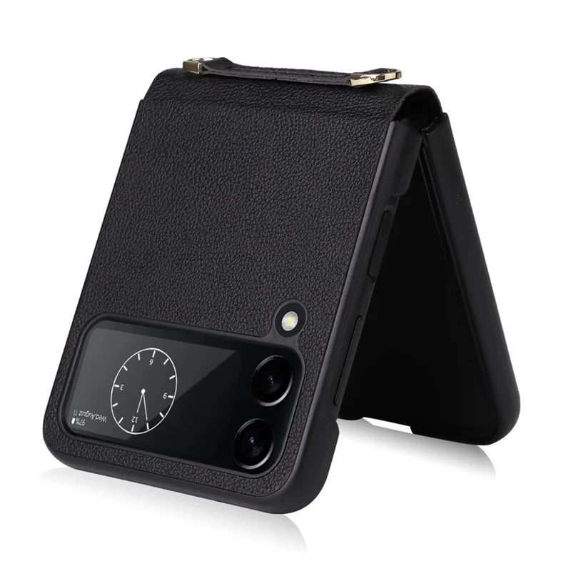 For Samsung Galaxy Z Flip4 5G Textured Leather Coated PC Cover Drop-proof Phone Case with Long Lanyard - Black