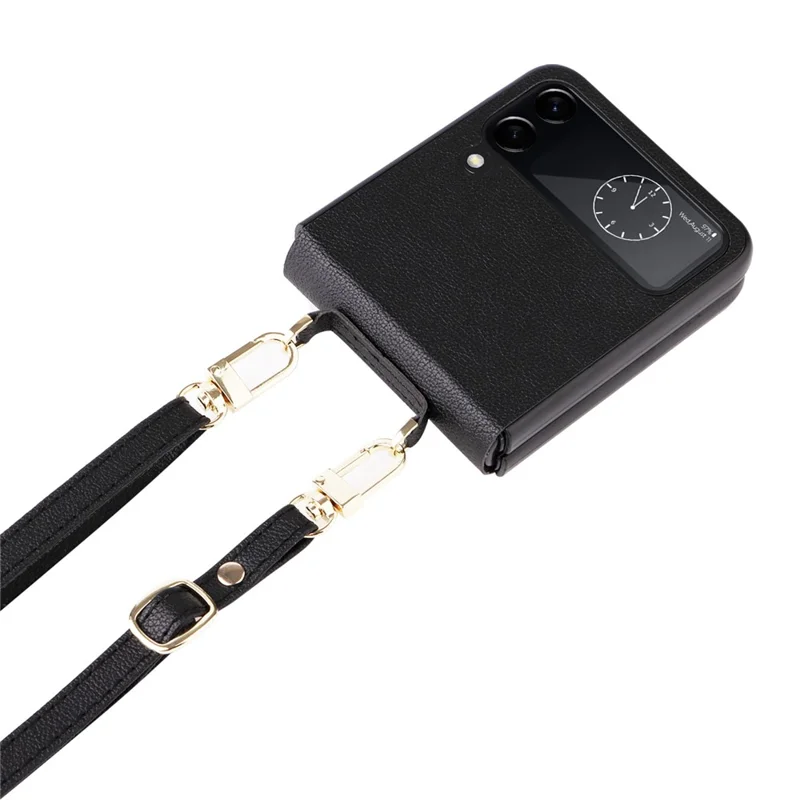 For Samsung Galaxy Z Flip4 5G Textured Leather Coated PC Cover Drop-proof Phone Case with Long Lanyard - Black