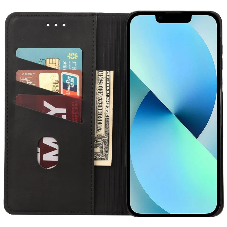 Per iPhone 14 6.1 pollici Stand Wallet Splicing Skin-touch Leather Phone Case Magnetic Auto-absorbed Folio Flip Cover - Nero